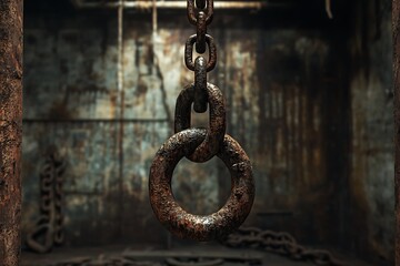 Rusty chains hanging from an industrial hook in a dimly lit room, the walls covered in grime and old machinery strewn across the floor