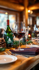 Elegant Wine Glass and Bottle on a Dinner Table Restaurant Photo