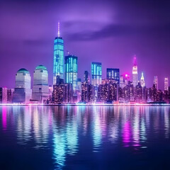Obraz premium Night Cityscape Photo with Reflections of Illuminated Buildings and Purple Hues