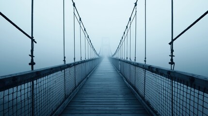 Suspension bridge construction amid fraying budget cables remote location gigapixel image foggy environment