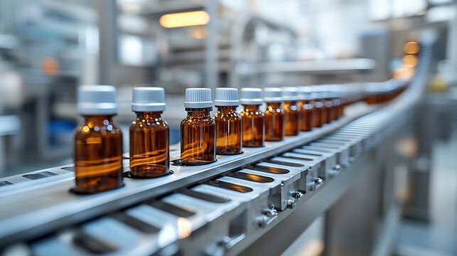 A conveyor belt transporting pharmaceutical bottles during the manufacturing process