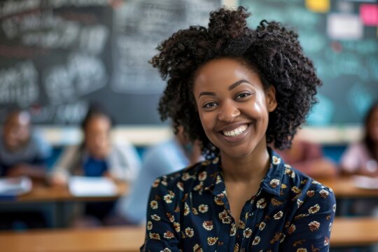 Portrait of a young smiling African American female teacher in front of a classroom