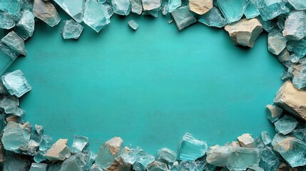 Blue colored glass and stone fragments around a turquoise background