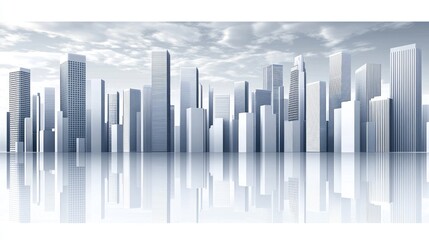 Fototapeta premium Cityscape, modern buildings, reflection, cloudy sky, urban background, website header