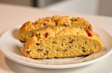 sliced cranberry bread on white plate in cozy kitchen. holiday baking inspiration, home cooking. pastry, food blog, recipe book. cafe menu poster design.