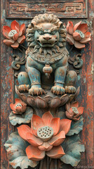 <Intricate Lion Sculpture with Lotus Flower Ornamentation: Traditional Asian Art in Architectural Relief>