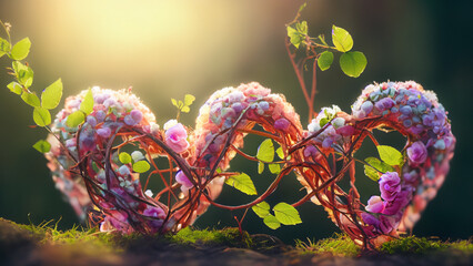 Charming hearts woven from flowers and branches merge in enchanting natural background.