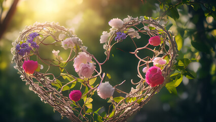 Charming hearts woven from flowers and branches merge in enchanting natural background.