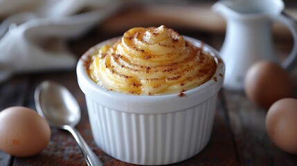 Italian zabaglione creamy dessert made egg yolks and wine served in a white ramekin