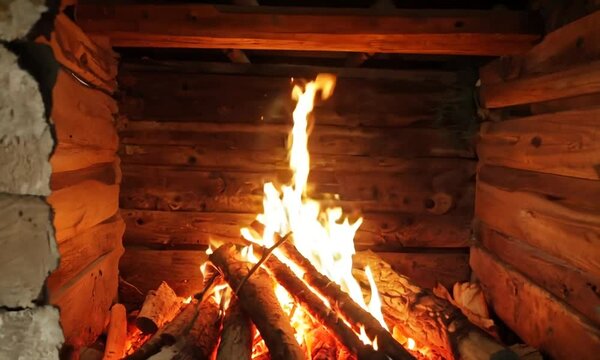 Fire Burning Oak Wood in Farmhouse