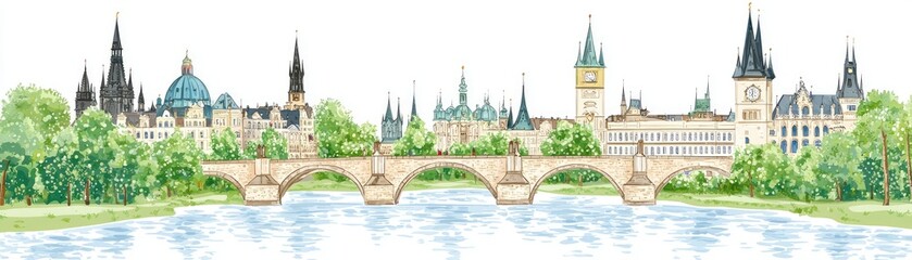 Naklejka premium European city riverside illustration