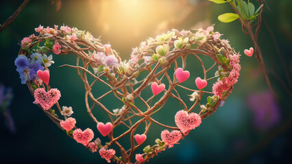 Charming hearts woven from flowers and branches merge in enchanting natural background.