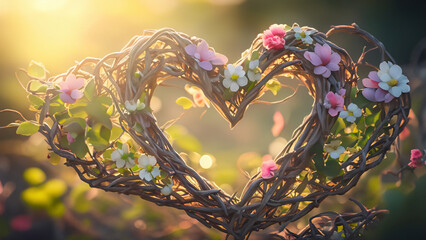 Charming hearts woven from flowers and branches merge in enchanting natural background.