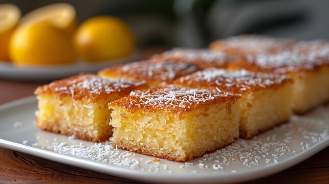 Jamaican toto coconut cake squares arranged a clean white plate slightly zoomed out