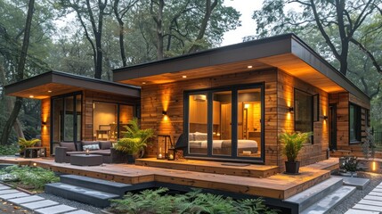 Modern wooden cabins in forest at twilight