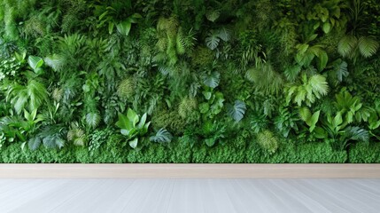 Lush green vertical garden wall in modern interior.  A vibrant display of various foliage fills a wall, creating a tranquil and natural atmosphere.  The light-colored wooden floor completes the space