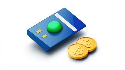 Payment Technology and Digital Currency Concept Blue Card with Green Chip and Bitcoin Coins