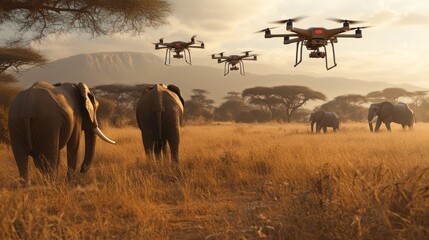 Elephants Grazing in African Savanna Monitored by Drones for Wildlife Conservation