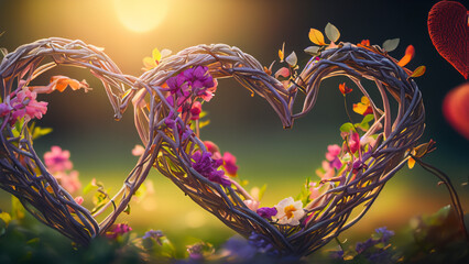 Charming hearts woven from flowers and branches merge in enchanting natural background.
