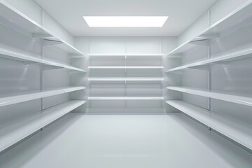 High Detail Visual of Empty Shelves in White Supermarket Corner
