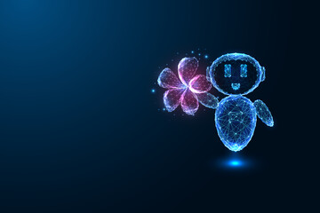 AI and kindness concept, futuristic chatbot holding glowing flower, artificial intelligence, vector 