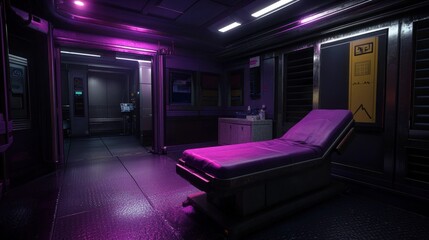 Futuristic medical room with purple lighting, equipped for advanced treatments and monitoring