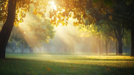 Obraz premium Golden radiance: The soft morning light filters through the autumnal trees