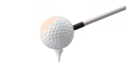 Golf club positioned above a white golf ball on a tee isolated on a transparent background
