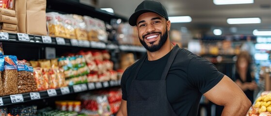 Naklejka premium A smiling grocery store employee stands in an aisle amongst shelves of packaged snacks He is wearing a black t-shirt an