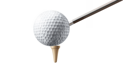 Golf club positioned above a white golf ball on a tee isolated on a transparent background