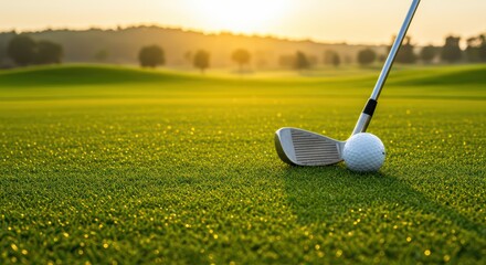 The morning light illuminates the golf course, where clubs and balls lie on the green grass, ready for play