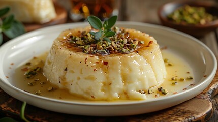 Lebanese layali lubnan semolina pudding cream topping garnished with pistachios on white plate
