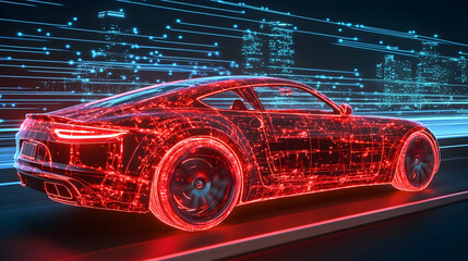 Obraz premium Digital Red Car with Blue Lights on Road a Futuristic 3D Illustration