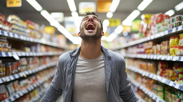 A man in a supermarket is yelling with his mouth wide open The shelves are blurred in the background Hes wearing a gr