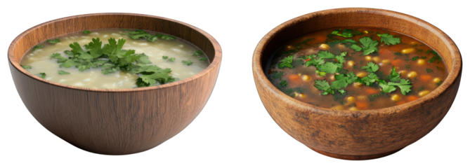 Wooden bowls of vegetable soup and rice soup with herbs isolated