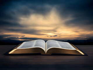 Dramatic Open Book Illuminated by Sunset Light on Wooden Table Photo