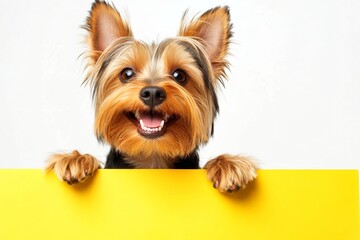 Isolated sign animal. Сute adult dog yorkshire terrier hold in front paws a wireframe - large yellow road sign. Studio pet for campaign. Isolated dog on a solid outfit pure white background.