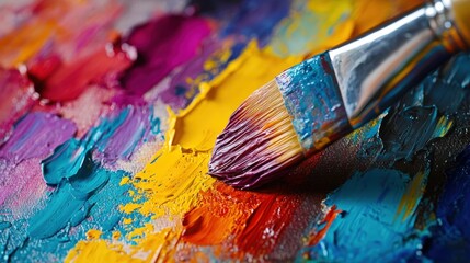 Fototapeta premium A colorful paintbrush resting on a vibrant paint palette