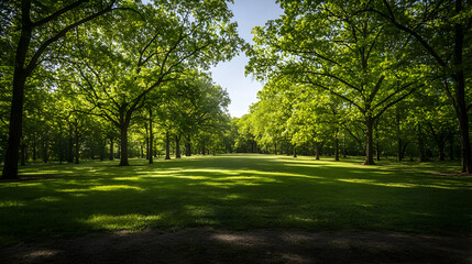 Obraz premium Sunlit Path Through A Row Of Green Trees