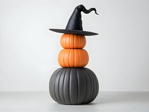 Festive Stacked Pumpkins with Witch Hat Decoration on White