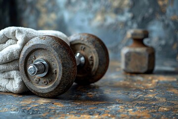 Barbell dumbbell set with towel folded on rubber mat for fitness trainer retirement wish card copy space on the right side