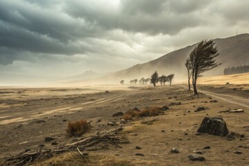 Windswept Landscape Under a Dramatic Sky: A Desolate Scene