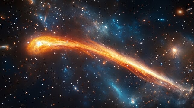 runaway star speeding through space, showing the soft glow and the fiery trail, with distant galaxies as backdrop