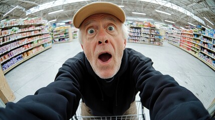 A surprised man in a grocery store POV shot from a shopping cart His mouth is wide open in shock or amazement Aisles