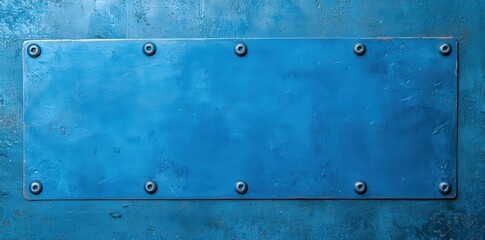 A textured blue metal surface with a blank rectangular panel and visible screws, suggesting potential for signage or artistic display.