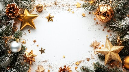 Christmas gold decorations frame on white background with snow