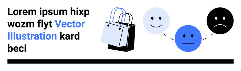 Neutral shopping bags beside emotive faces ranging from happy to sad, visually tracking consumer satisfaction. Ideal for e-commerce, customer feedback, retail behavior, user experience, consumer