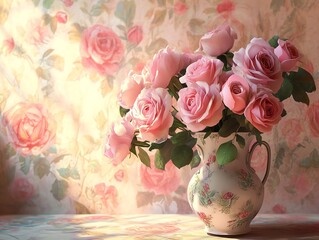 Obraz premium Pink Roses in Vase Still Life Elegant Floral Arrangement Art