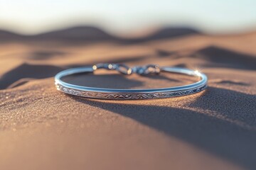 Ornate silver bangle rests on sun-drenched sand casting a shadow  The geometric design is subtly detailed