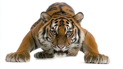 Obraz premium Striking Close-Up of a Tiger Preparing to Pounce in White Background